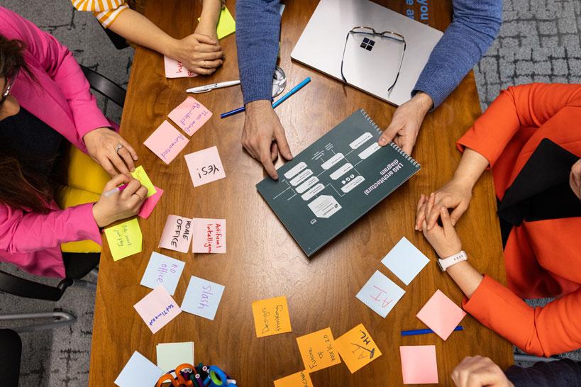 A group of people in the process sitting around a table with sticky notes 